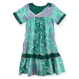 Vintage Carol Bennett Muumuu Hawaiian Dress Womens Small Green Floral Ruffle